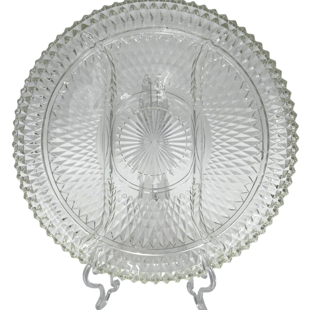 Vintage Clear Glass Divided Serving Tray With Intricate Diamond Cut Pattern & Sc